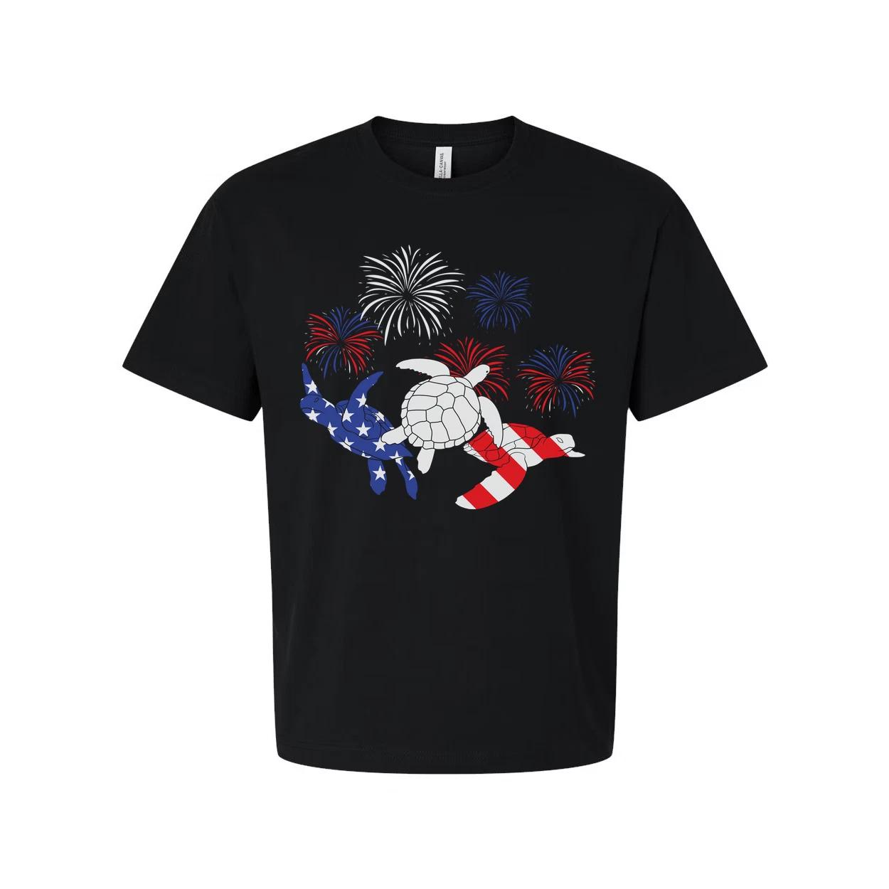 

Stars And Stripes Turtle Graphic Tee With Fireworks Artwork For Independence Day XL