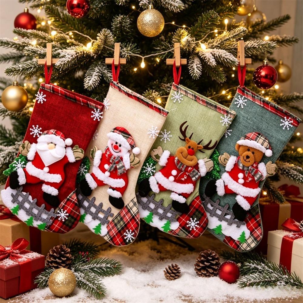 1/4 Pcs Large Handmade Christmas Stockings with Santa Snowman Reindeer Prints, Xmas Party Gift Bag Decor