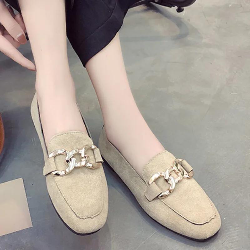 Women's Shoes on Sale 2024 New Slip on Women's Flats Autumn Square Toe Solid Flock Metal Decoration Low-heeled Casual Shoes