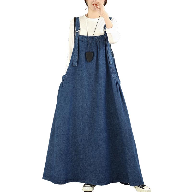 Retro Denim Overall Dress: Spring-Summer-Autumn Slimming Long Skirt with Wide Hem