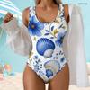 Women Plus Size One Piece Swimsuit Scoop Neck Wide Straps High Cut Blue White Floral Seashell Print