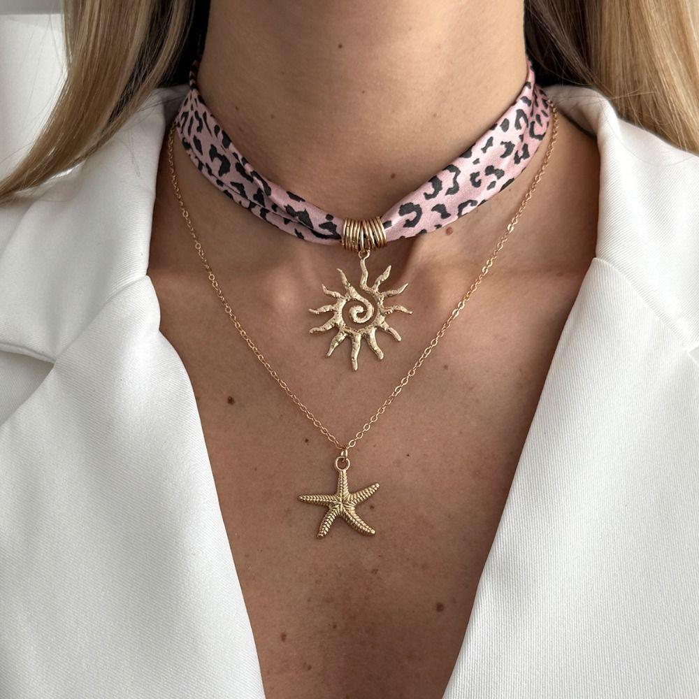 Leopard Print Conch Starfish Necklace Sea Star Heart Bohemian Style Necklace Colorful Seashell Beads Chain Choker Summer
