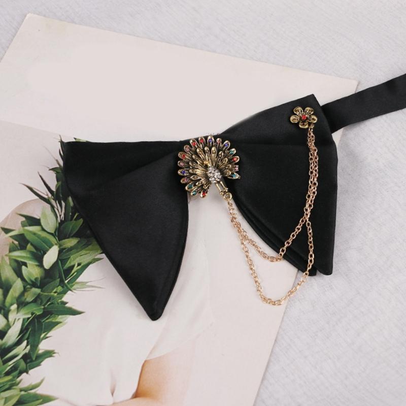Mens Elegant Black Oversized Bowtie with Pearls Chain Adjustable Pre Tied Horn Bows Tie Tuxedo Necktie for Wedding Party