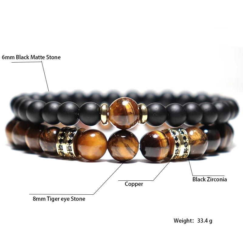 Fashion 2Pcs Men Bracelet Set Natural Tiger eye Beads Stone Braslet Luxury Zirconia Wrap Braclet Leisure Accessories Pulseria