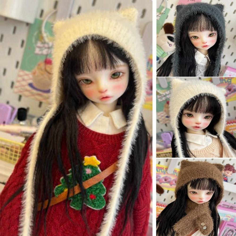 Módní chlupatá čepice s kočičími uši DIY ručně pletená vlněná čepice šála pro panenky 1/4 1/6 BJD 30/45cm