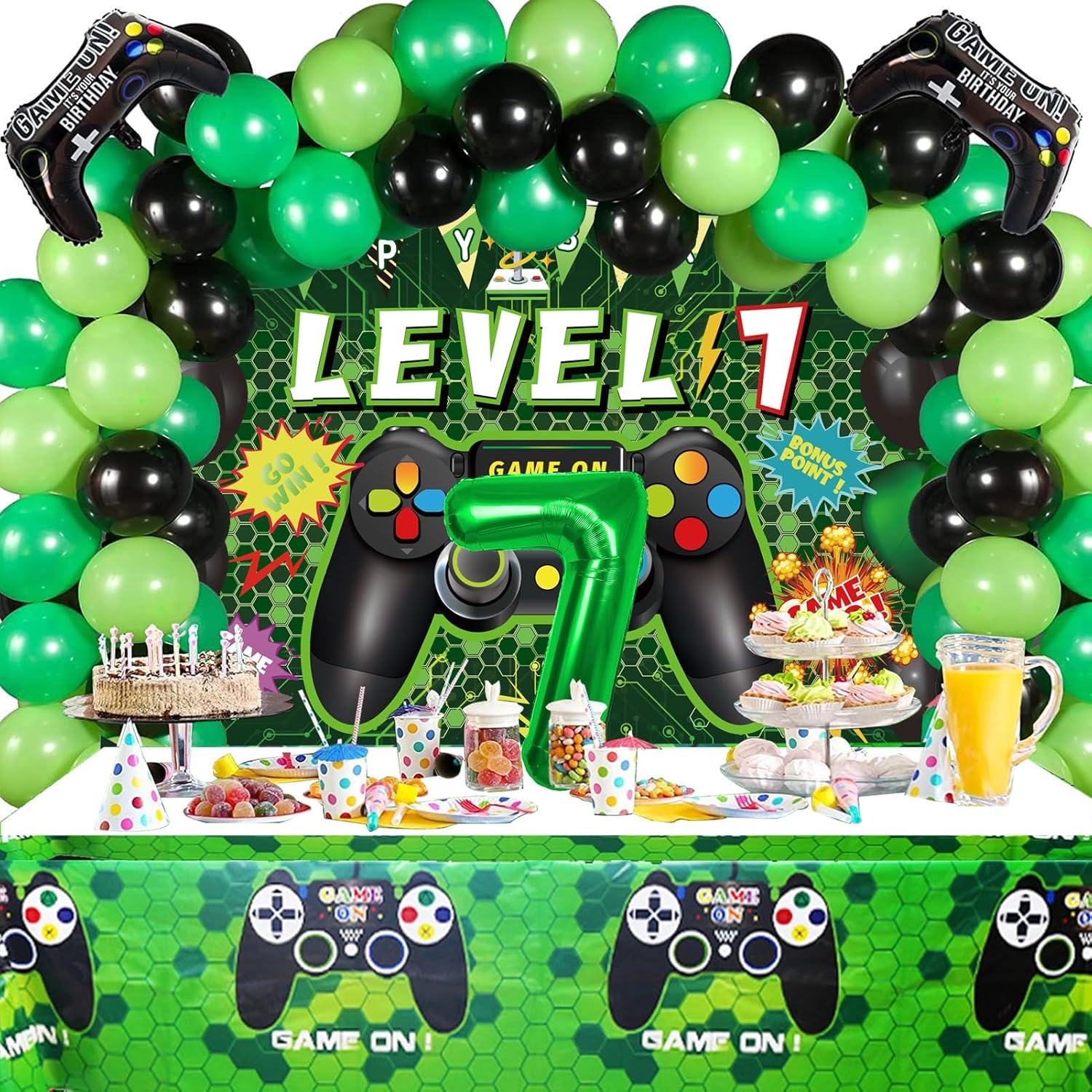 Vlipoeasn 90PCS 7th Birthday Video Game Party Decorations for Boys Set Green 7th Birthday Supplies -7th Video Game Backdrop, Balloons, Tablecloth,