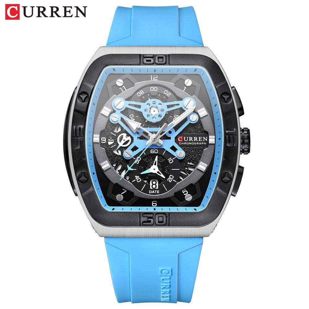 CURREN 8443 Wasserdichte Herren-Quarz-Multifunktionsuhr mit Sechs-Zeiger-Design und Tonnenform