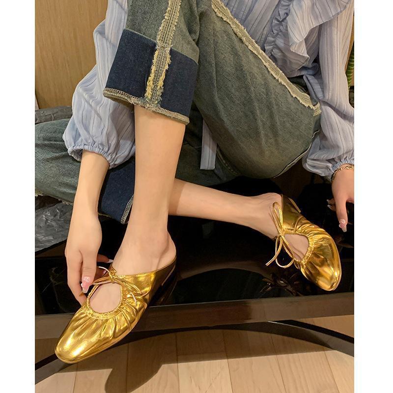 

Весна 2025 новая французская плиссированная сумка на шнуровке, полубосоножки, женские серебристые туфли Мэри Джейн на плоской подошве, повседневная женская обувь 40 золотой