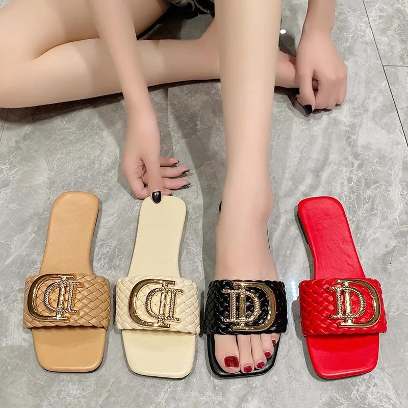 Fashion Women Slippers Party Sexy Elegant Slippers Women Luxury Decor Weave Designer Flat Sandals Fashion Open-toe Vacation Slides Women
