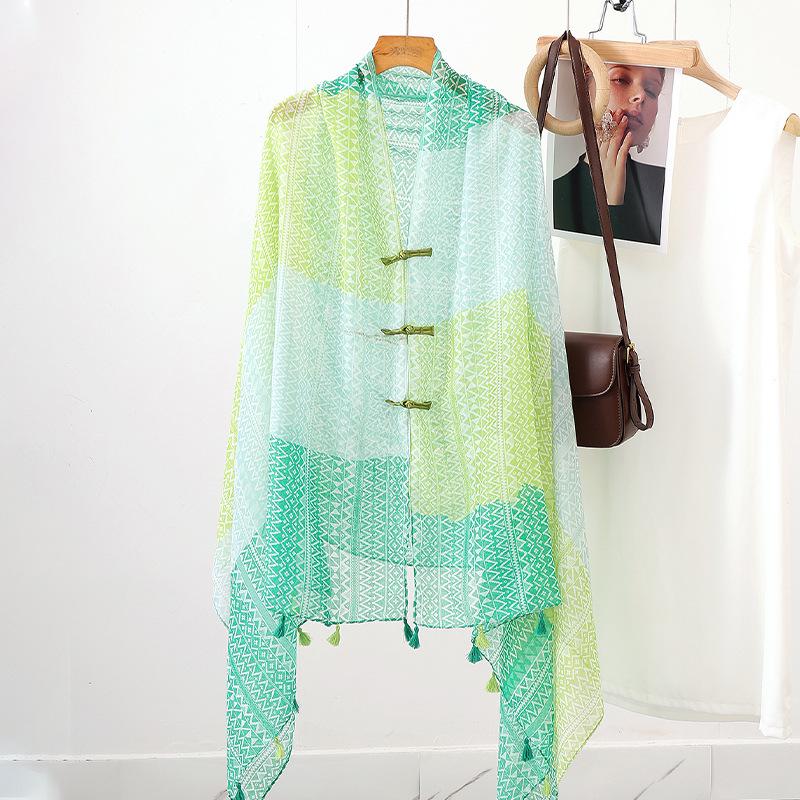 "Summer Ethnic Style Cotton-Linen Shawl: Handmade Retro Button Sunscreen Beach Cover-Up"