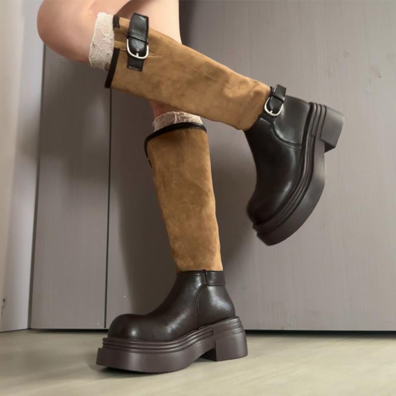 Long Women Boots Flats Platform Knee High Shoes Fad Goth Chelsea Boots  Winter Trend New Motorcycle Boots Punk Mujer Botas