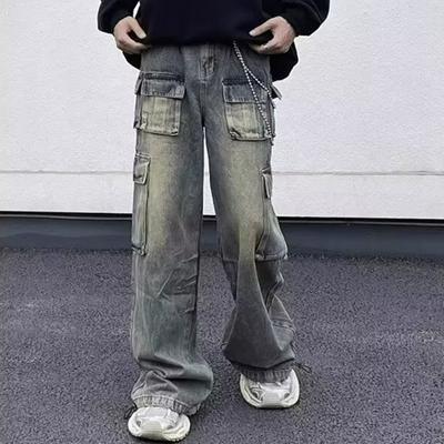 New Multi-pocket High Street American Tooling Jeans Men's Wide Legs Loose Niche Old Straight Pants Men