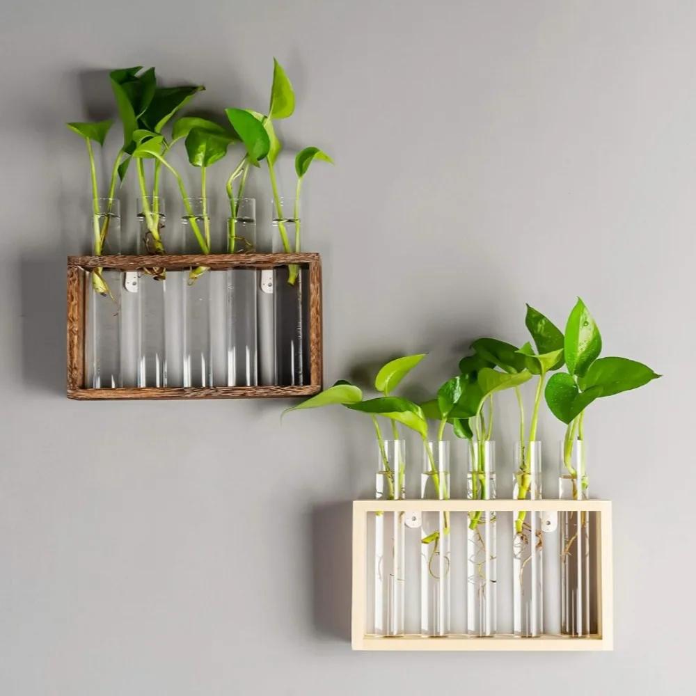 Modern Simple Transparent Tube Glass Vase Hydroponic Planter with Wooden Stand Desktop Plant for Wedding Home Decoration