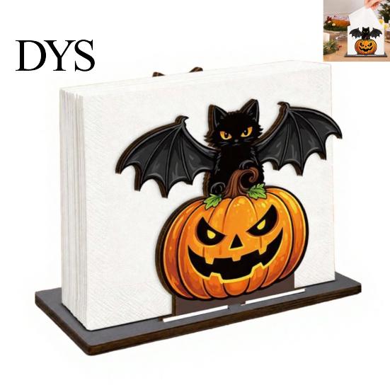 Portatovaglioli da Cucina Halloween in Legno per Tavolo, Zucca Gatto Nero Pipistrello Supporto Carta Dispenser Verticale, Asciugamano Decorazione Festa Festiva Carta