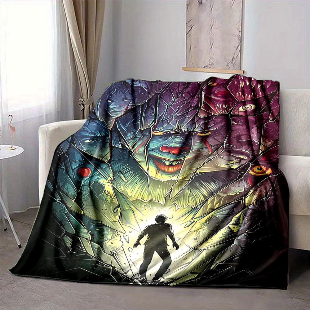 1pc It "Clown" Flannel Throw Blanket - HD Printed Lightweight Soft Warm All-Season Blanket for Sofa, Bed, Travel, Camping001