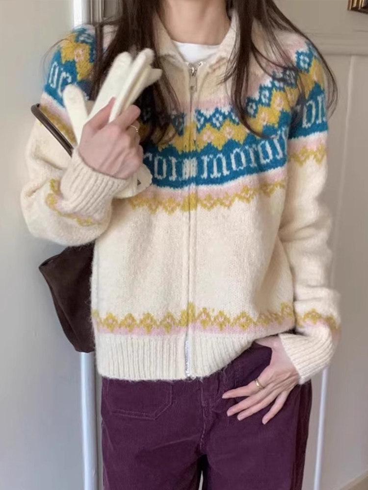 Korean Retro Fair Isle Knit Cardigan - Women's Autumn/Winter 2026 Loose Style