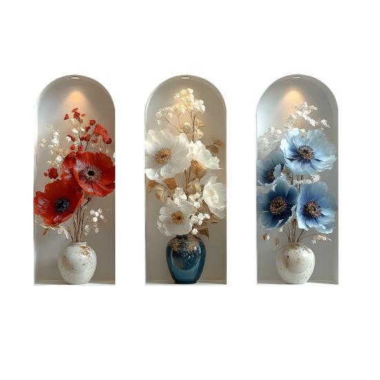 

3 шт. 3D Цветочные Настенные Наклейки Самоклеящиеся Цветочные Вазы Настенное Искусство Съемные Цветы ПВХ Декали для Гостиной Спальни Прихожей Задний План за Диваном A