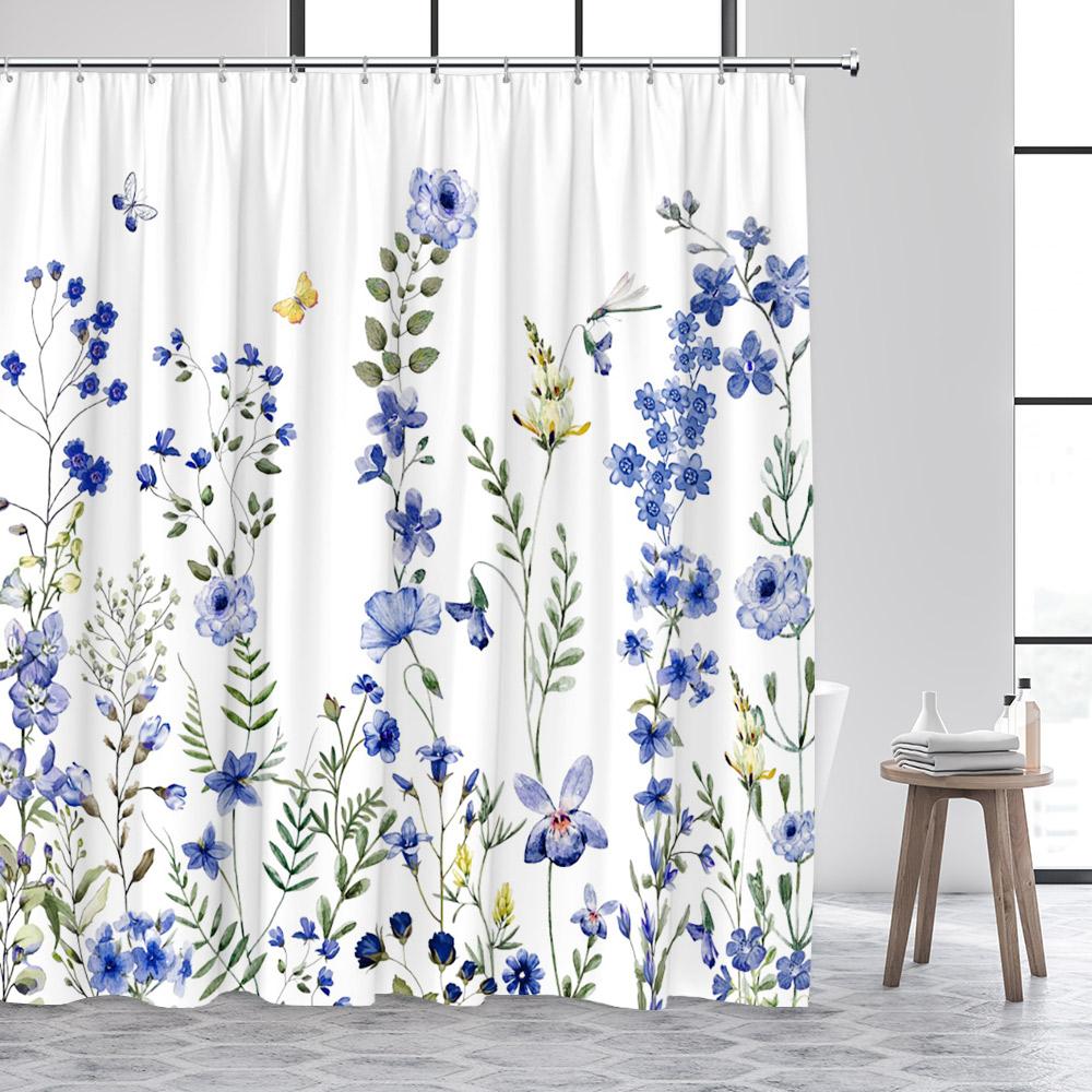 Green Eucalyptus Leaves Shower Curtain Watercolour Floral Butterfly Tropical Plant Leaf Polyester Fabric Decor Bathroom Curtains