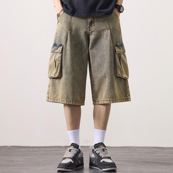 

Рабочие джинсовые шорты с несколькими карманами, мужские летние американские уличные, старые свободные широкие укороченные брюки 40