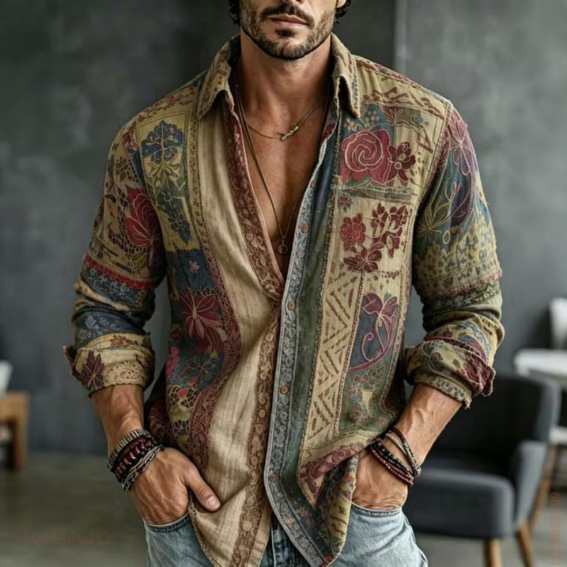 Men's Long Sleeved Shirt with Floral Totem Full Print Top, Versatile for Daily Use, Fashionable and Comfortable Casual Shirt
