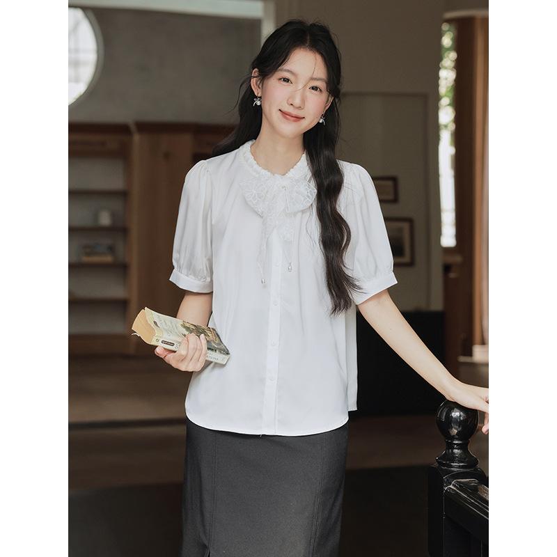 

Летнее белое платье для собеседования с короткими рукавами, кружевной бант, кружевной топ-рубашка со шнуровкой XL