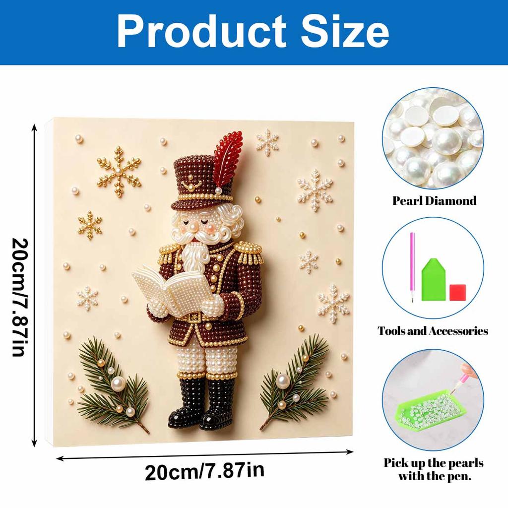 Handmade Framed Pearl Painting Set with Christmas Nutcracker Design 5D Shiny Bead Art Canvas Creative Craft for Home Holiday Room Decor