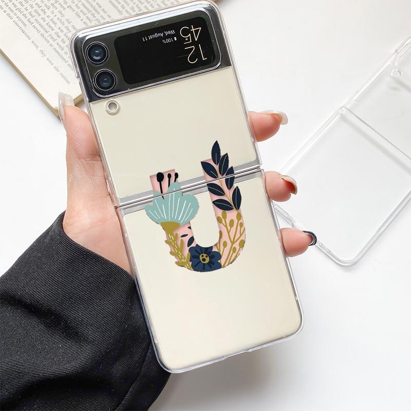 Art Initial Letter A To Z Pink Fashion Phone Case For Samsung Galaxy Z Flip 3 4 5 6 7 Hard Folding Z Flip4 Clear PC Cover Gift