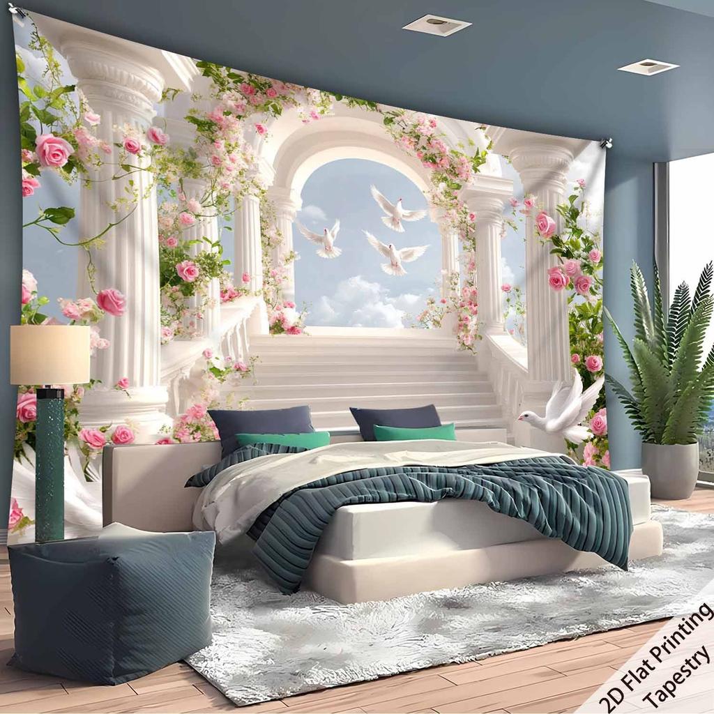 White staircase roses pigeons Digital printing polyester wall tapestry suitable for use in living rooms offices bars and party