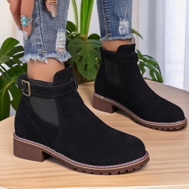 Women Boots 2025Retro Suede Round Head Thick With Belt Buckle Boots EuropeAmerica Wind Casual High Heel Ankle Boots Botas Mujer