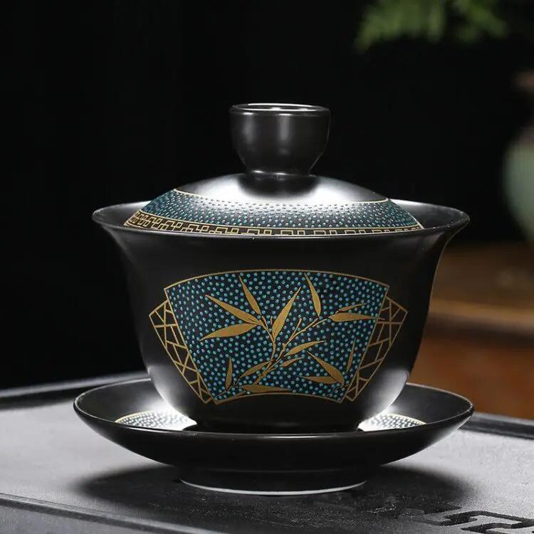Chinese Teaset Classical Gaiwan Tea Cups Black Clay Tureen Lid Bowl Saucer Traditional Handmade Tea Brew Tea Cup