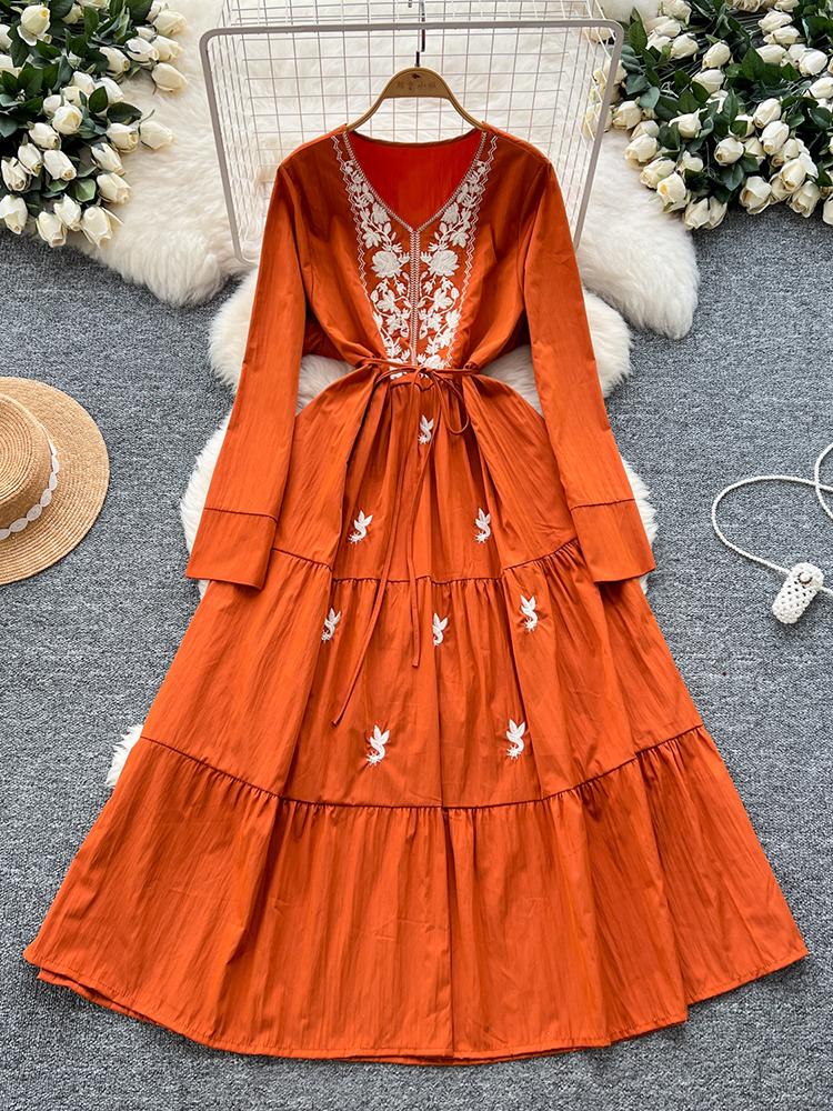 Women Spring Autumn Dress Retro Embroidered V-neck Strap Waist French Elegant Long Sleeve Grand Swing Long Dress