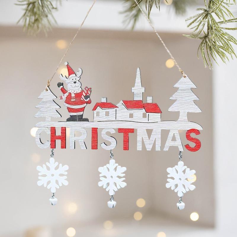Christmas wooden letter decorations, Santa Claus snowman reindeer snowflake bell pendants, holiday door and window decorations
