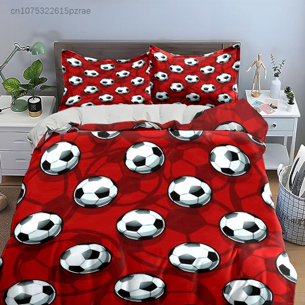 Red Background Soccer Ball Pattern 3PCS Bedding Set Soft Microfiber Bed Sheet Pillowcase Set For Kids Football Fans Room Decor