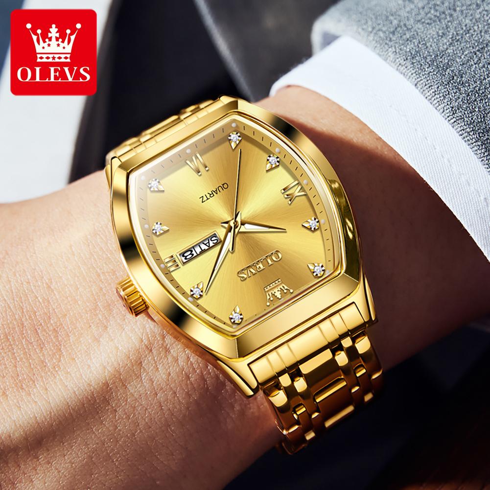 OLEVS Men's Watches Luxury Tonneau Original Quartz Watch for Men Waterproof Luminous Week Date Diamond Male Wristwatch