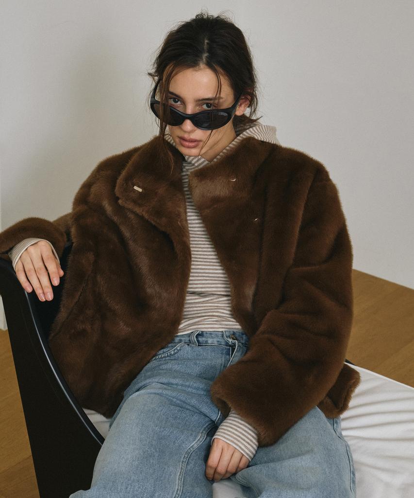 AENE Atmo Faux High-Neck Fur Jacket (Beige)