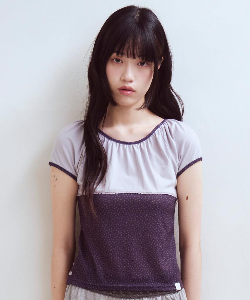 OAFISH Floral Shirring Lace T-Shirts, Purple