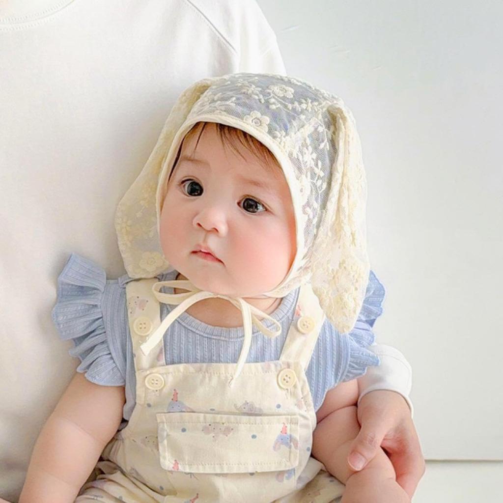 AYHM Newborn Hat with Rabbit Baby Babushka Size for Newborns Mesh Baby Baby Hat Ears, Bonnet, Beige, Lace, 38-44cm, (0-1 Years), Rabbit, Lace,
