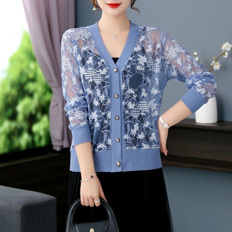 Summer Lace knitted Sunscreen Cardigan Jacket Women Fashion Mid-Aged Short Shawl Conditioning knitwear Shirt Coat Female