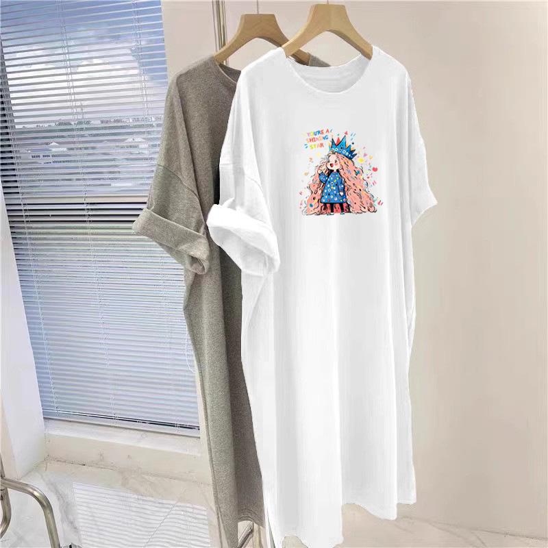 Korean Hip-Hugging Printed Plus Size Summer Dress, Mid-Length Over-the-Knee T-Shirt Style for Women, 2025 New Collection