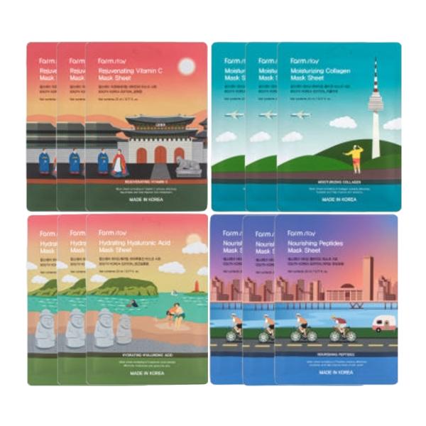 

FarmStay Поездка в Корею Маска Набор (1КОРОБКА / 12 ЛИСТОВ) 23 мл / 0,78 жидких унций. за лист (3 варианта) #1box (12 sheets)