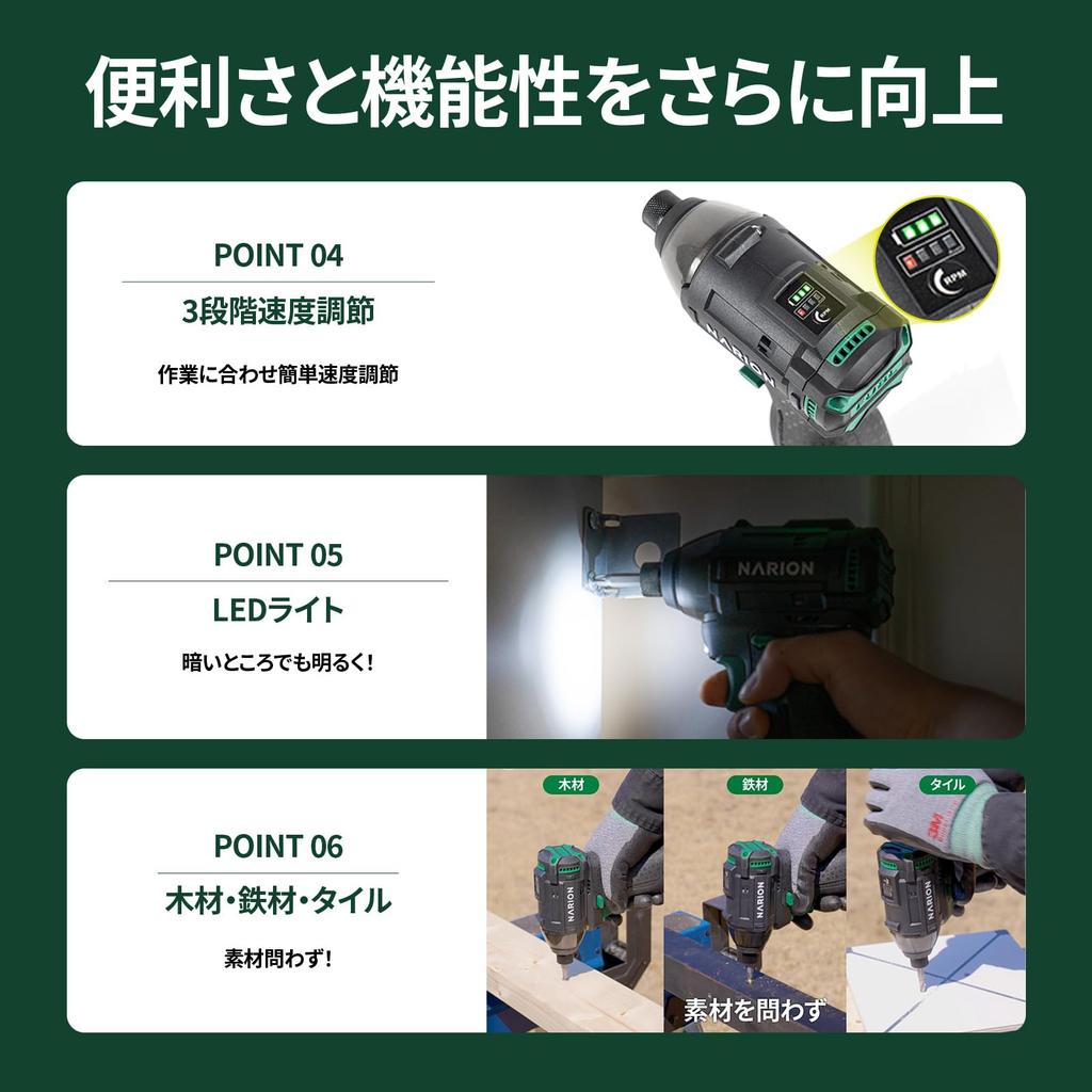 NARION Rechargeable Impact Maximum Torque Lightweight Includes 1 Bit Set and Electric Driver Drill 16.8V Driver, 140N.m, 938g, Charger,