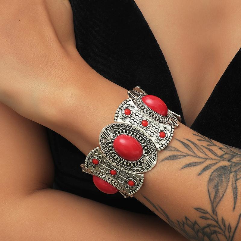 Vintage Boho Imitation Turquoises Elastic Bracelets Bangles for Women Ethnic Carved Silver Color Metal Bracelet Vacation Jewelry