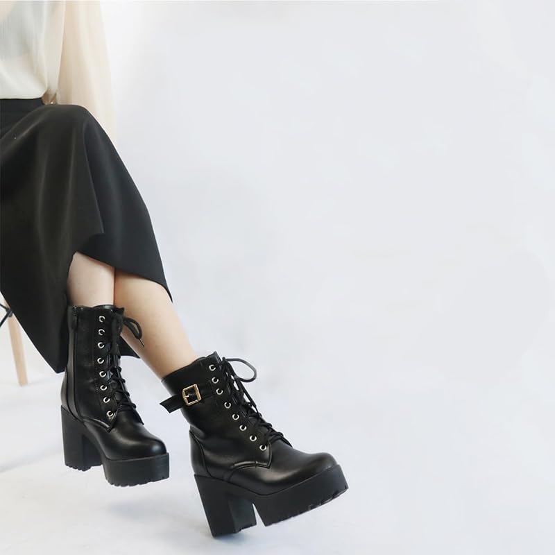 [KiniYitta] Boots, Side Zipper, Platform Boots, Women's Short Boots, Lace-up, Buckle, Chunky Heel, Leg-lengthening, Casual Shoes, Black, Simple,