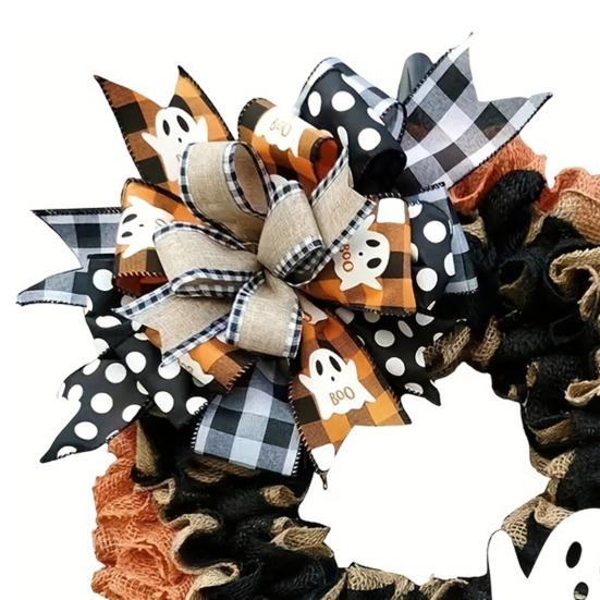 Halloween Ghost Wreath for Front Door Rustic Burlap Wreath with Plaid Bow for Farmhouse Porch Window Wall Decor