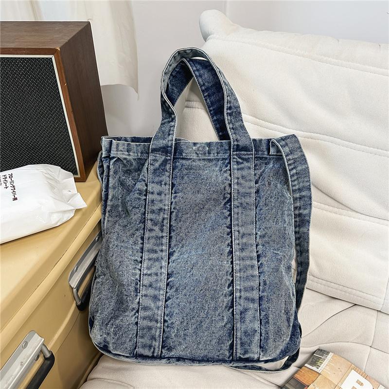 Large Capacity Denim Bag Retro Tote Bag Commuter Student Class Shoulder Crossbody Bag