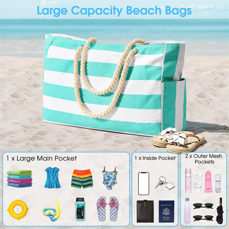 1PC Beach Bags For Women Large Canvas Beach Tote Bag Zipper Beach Bags Sandproof Swim Pool Bag Large Tote