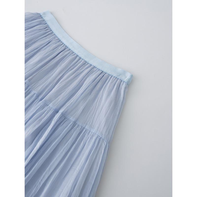 DIMANAF 2026 Summer Women New Skirts Solid Elastic Waist Pleated Mesh Elegant Skirts Yellow
