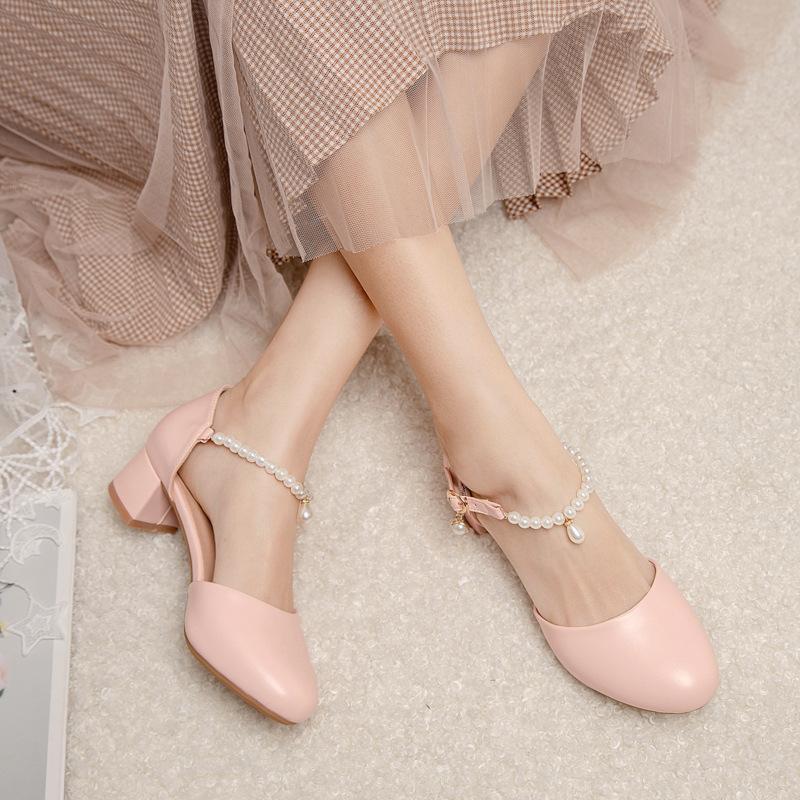 Lolita Girls Sandals Sweet String Bead Women High Heel Shoes Princess Cosplay Party Shoes Fashion Summer Ladies Pumps Size 30-43