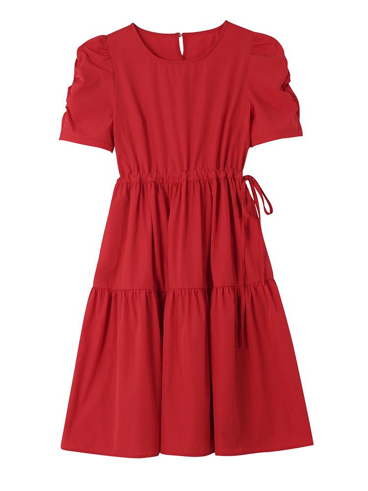 2026 Summer Women's Plus Size Red A-Line Short-Sleeve Waist-Cinched Dress