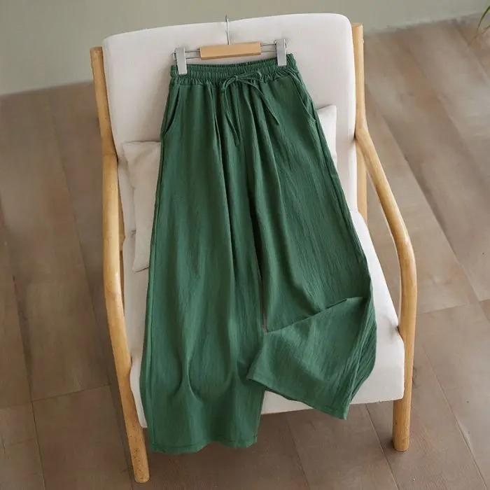 Loose Cotton Linen Wide Leg Pants Women's Summer Autumn Style Artistic Simple Elastic Waist Meat Concealing Trousers